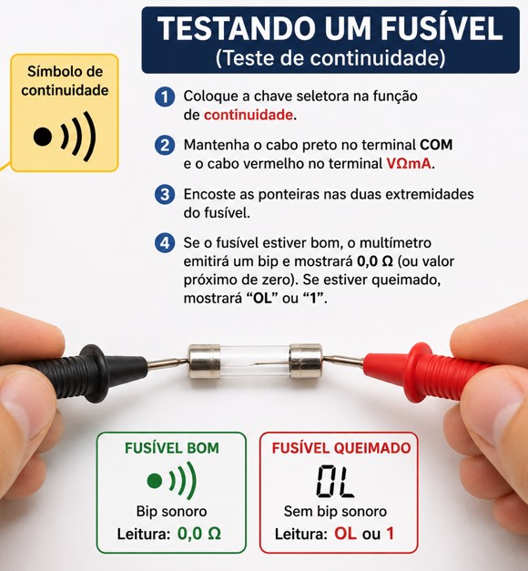 testando fusíel na escala de continuidade do multímetro digital
