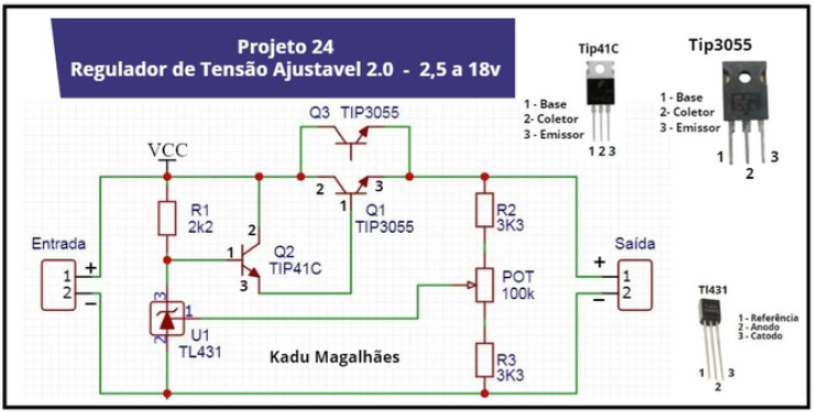esquema regulador de tensão ajustável